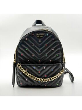 Victoria’s Secret Black Pebbled V-Quilt Small City Backpack MultiColor